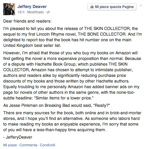 Jeffrey Deaver in guerra contro Amazon, ovvero Amazon Vs Hachette