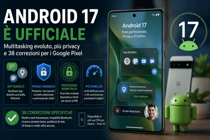 Android 17 arriva sui Pixel: multitasking evoluto, più privacy e 38 correzioni per migliorare stabilità e prestazioni.