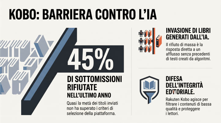 Rakuten Kobo ha respinto il 45% dei libri inviati alla piattaforma dopo l’aumento dei testi generati dall’intelligenza artificiale. Il caso mostra la pressione crescente dell’IA sull’editoria digitale.