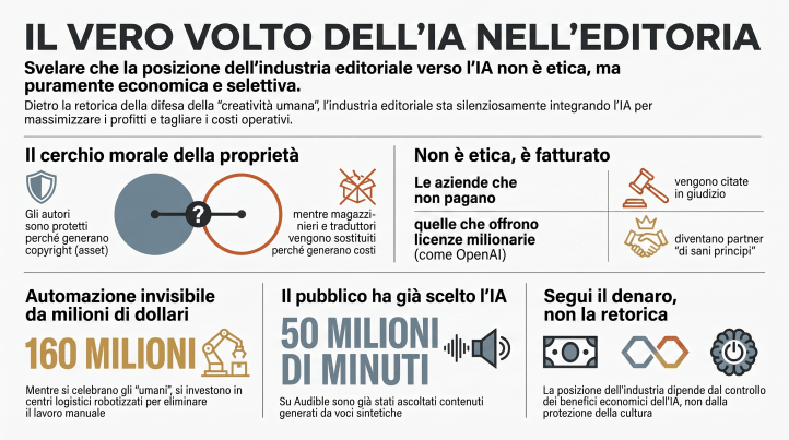Il rapporto tra editori e IA rivela una contraddizione sempre più evidente: il lavoro umano viene protetto quando genera asset per gli editori, ma diventa sacrificabile quando rappresenta un costo.