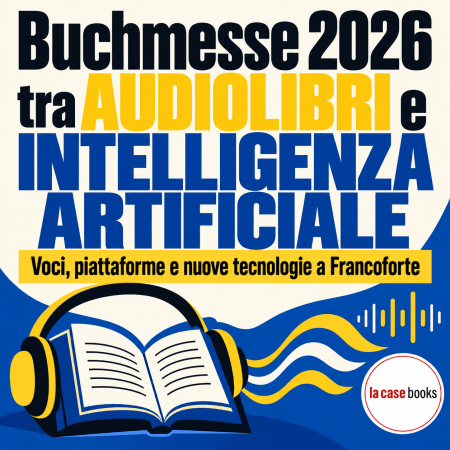 Illustrazione di libri, cuffie e onde sonore con il titolo Buchmesse 2026 tra audiolibri e intelligenza artificiale e il logo LA CASE Books