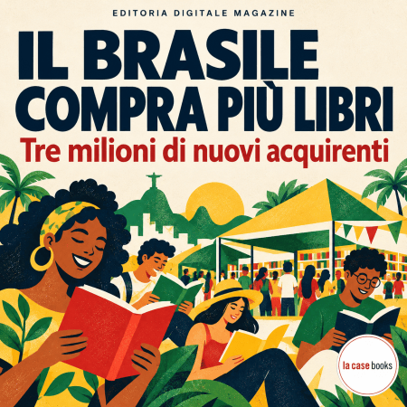 Editoria in Brasile: libri colorati, lettori e un padiglione di festival in un'illustrazione con accenti verdi e gialli.