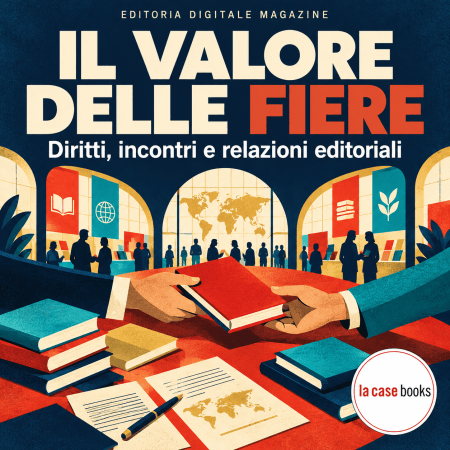 Fiere del libro: mani si scambiano un volume su un tavolo con manoscritti, circondato da padiglioni illustrati.